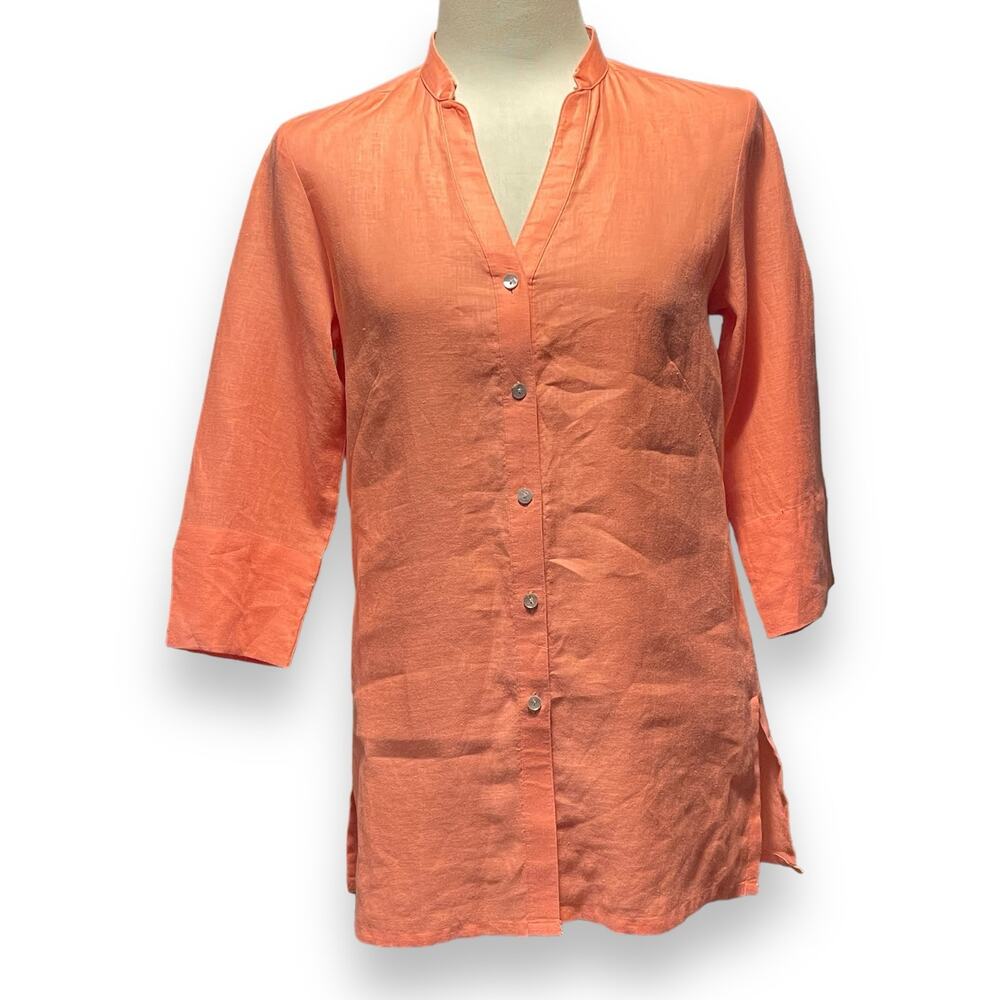David N Linen Button Down 3/4 Sleeve V-Neck Coral Small